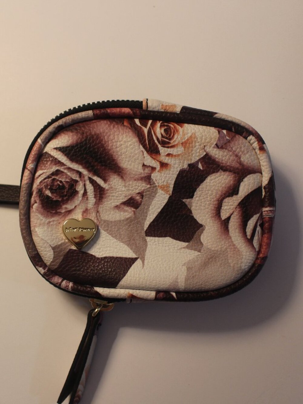 Betsey Johnson Mauve Rose Print Zip Wristlet with Heart Logo